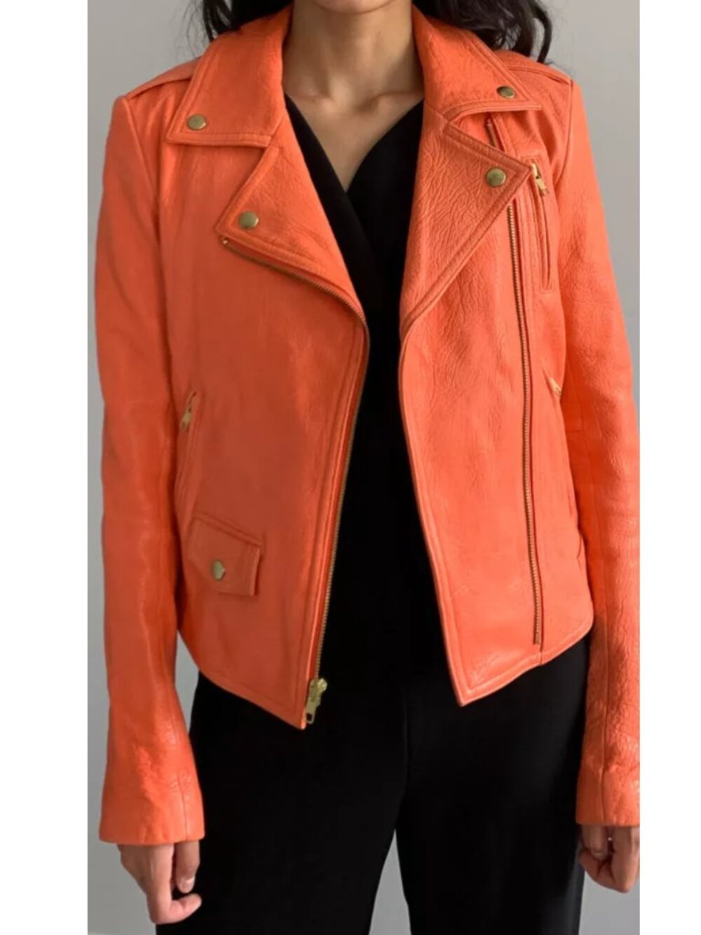 Theory Elenian Juno leather jacket in a vibrant melon orange Size M